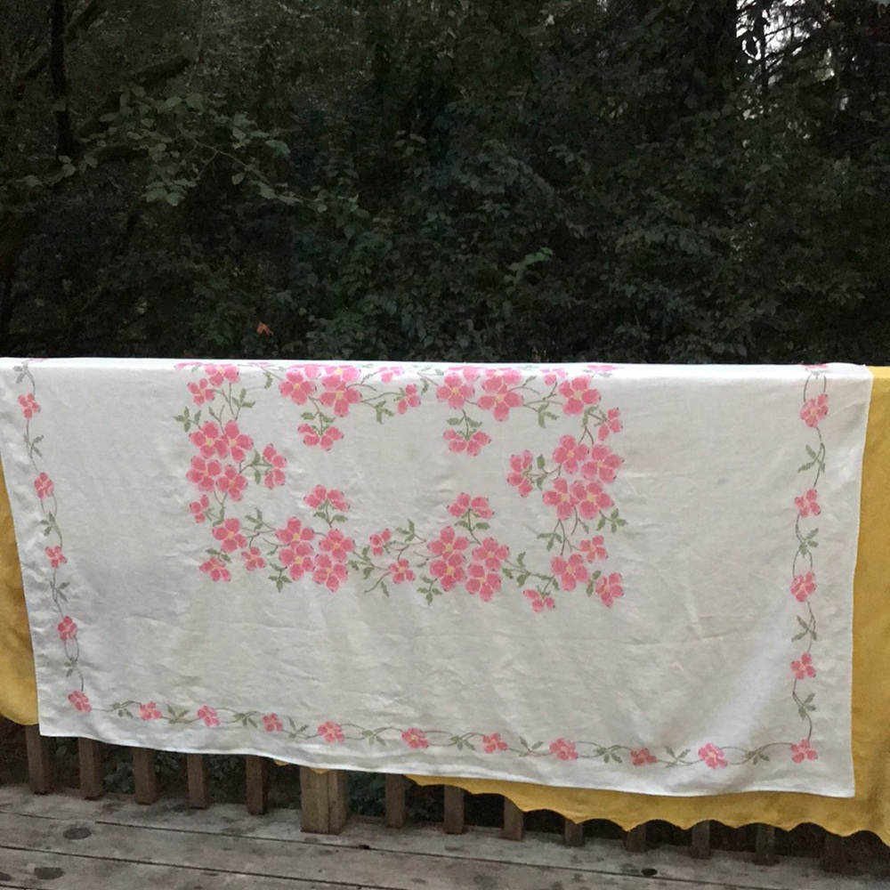 Vintage Tablecloth Linen & Cross-stitched